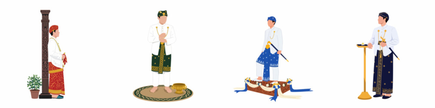 Illustrations of Men in Traditional Javanese Attire Featuring Batik Blangkon and Keris for Cultural Wedding Ceremonies.
