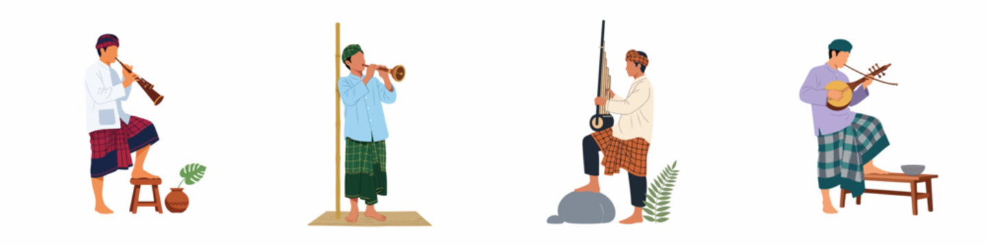 Set of Flat Vector Illustrations of Men in Traditional Southeast Asian Attire Playing Various Traditional Musical Instruments Isolated on White Background