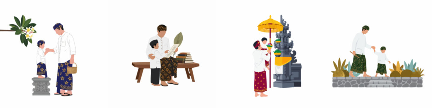 Set of Balinese illustrations depicting a father and son in traditional clothing participating in various cultural and religious activities in Bali, Indonesia.
