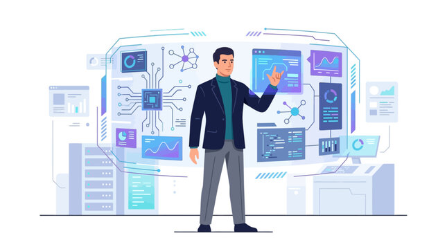 Chief technology officer managing complex digital data and futuristic interface in server room flat vector illustration