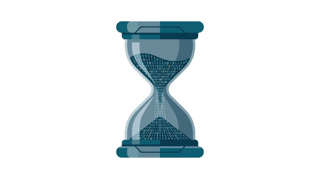 Digital hourglass with flowing binary code symbolizing data management and deadline flat vector illustration.