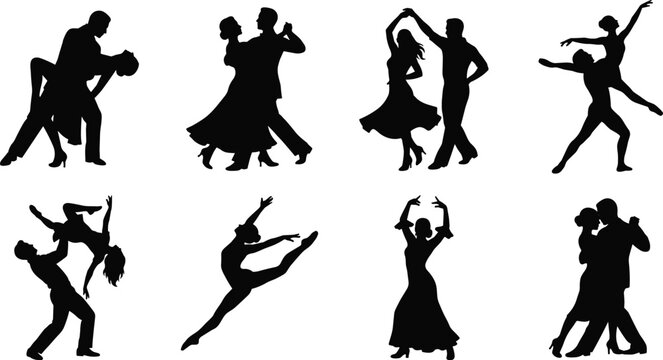Dancing couples and dancers silhouette vector set featuring ballroom ballet tango salsa and contemporary dance styles