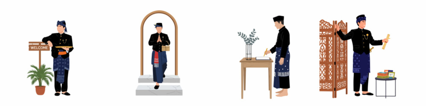 A collection of illustrations featuring men in traditional Indonesian clothing performing various cultural activities like welcoming, greeting, and writing.