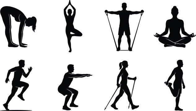 Fitness training and workout silhouettes vector set featuring running stretching squats resistance band training and yoga poses