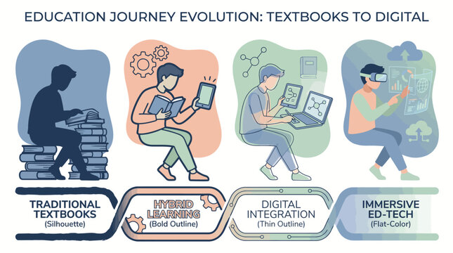 A digital illustration depicting the evolution of education from textbooks to digital tools.