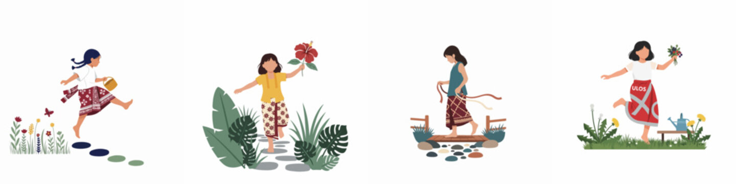 Flat illustration set of young girls in traditional Indonesian attire enjoying nature, gardening, and playing outdoors in a minimalist style.