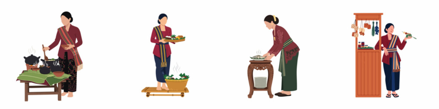 Vector illustration set of Indonesian women in traditional kebaya and batik attire preparing and serving authentic local cuisine on white background.