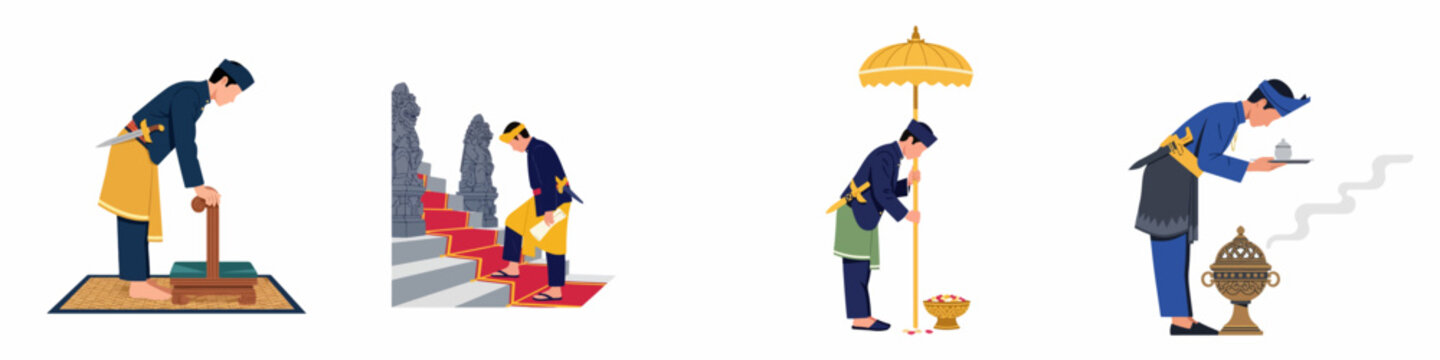 Set of vector illustrations showing men in traditional Malay or Indonesian attire performing various royal ceremonial duties and cultural rituals.