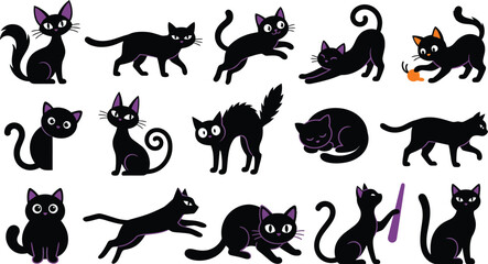 Obraz premium Halloween black cat collection spooky feline poses for seasonal designs and october celebrations