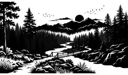 Morning Mist Pine Forest Panorama Black Silhouette Vector Illustration © MdNazrul