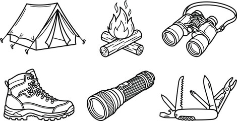 Camping and outdoor adventure gear collection including tent campfire binoculars boot flashlight and multi-tool hand-drawn vector illustration for travel and survival themes © Junaid