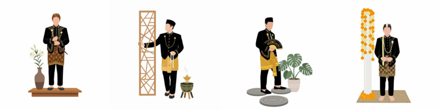 Vector illustration set of men wearing various traditional Indonesian groom and formal attire, featuring Beskap, Batik, and cultural accessories on white background.