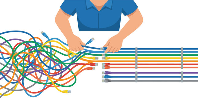 IT technician untangling messy colorful network cables into organized straight rows flat design vector illustration