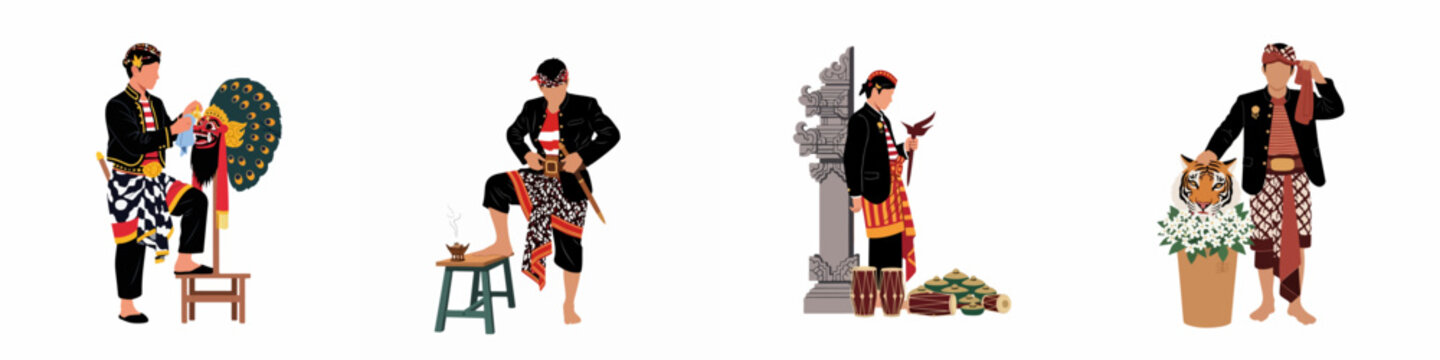 Collection of illustrations featuring men in traditional Indonesian Reog Ponorogo attire with cultural artifacts like masks, instruments, and weapons.