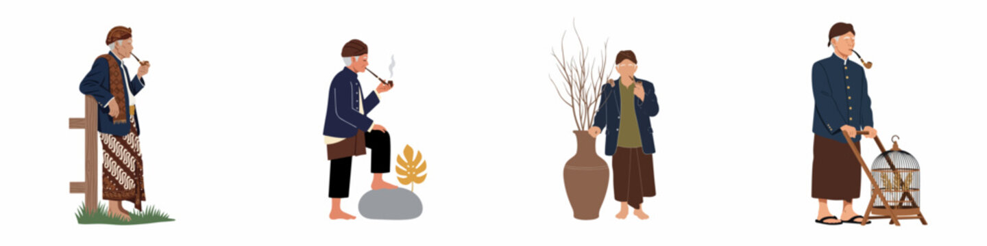 Set of illustrations depicting an elderly Javanese man in traditional attire smoking a pipe and engaging in various daily activities.