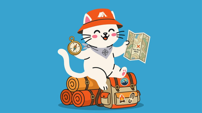 A vector illustration of a cat wearing a hat holds map and clock sitting on luggage and blankets.