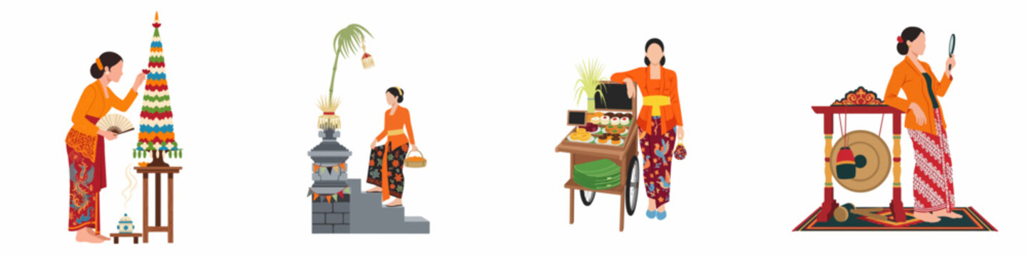 Flat illustrations of Indonesian women in traditional kebaya performing cultural activities including offerings, street food selling, and playing music.