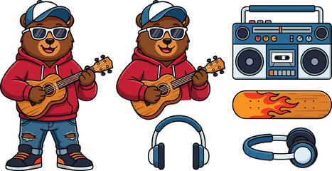 Cool hipster bear playing ukulele vector character set with vintage boombox skateboard with flame graphic and audio headphones isolated on white background © mdnazrul
