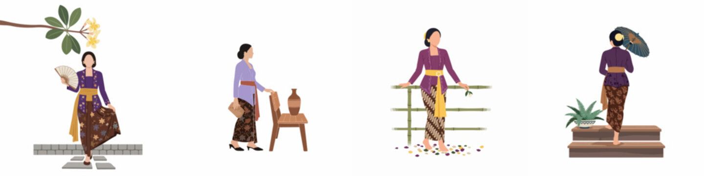 Flat illustration set of Indonesian women wearing traditional kebaya and batik sarong in various poses and settings.