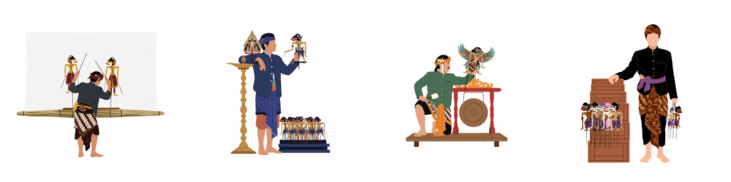 Illustrations of Indonesian Wayang Kulit performers, puppeteers, and musicians in traditional Javanese and Balinese attire, showcasing ancient shadow puppet theater cultural heritage.