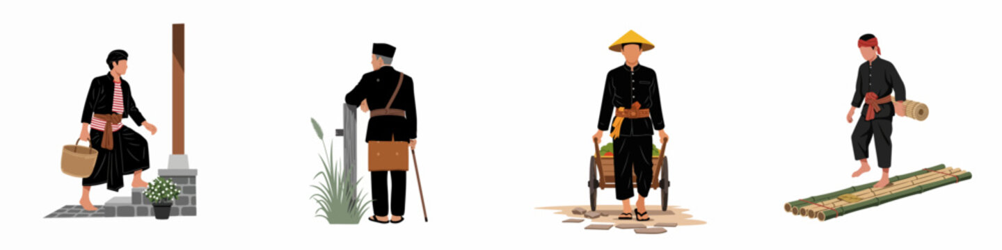 Set of illustrations featuring Indonesian men in traditional Javanese attire performing daily rural activities like farming, carrying baskets, and navigating bamboo rafts.