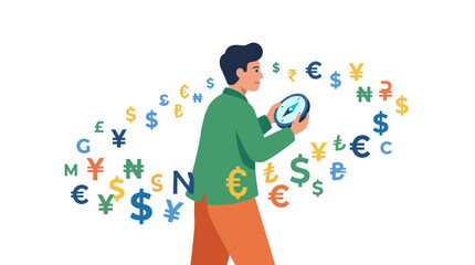 Fototapeta premium Businessman navigating global currency markets with a compass for investment strategy flat design vector illustration.