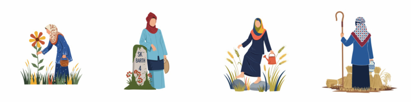 Set of four vector illustrations of women in traditional hijab and baju kurung performing rural and agricultural activities in a flat design style.