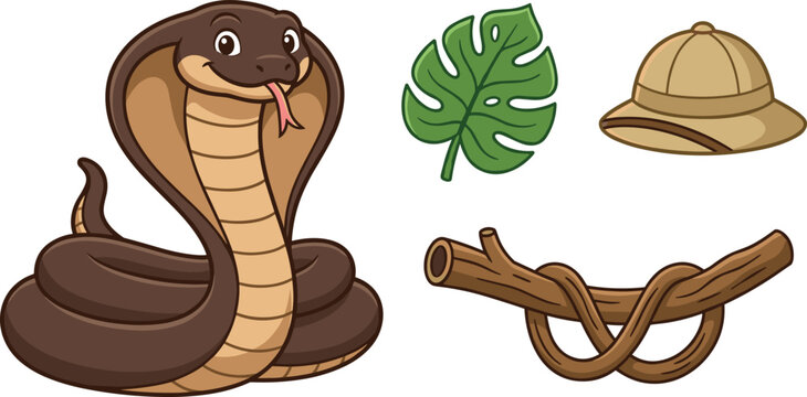 Cute cartoon cobra snake safari elements vector set with happy coiled snake green monstera leaf safari pith helmet hat and twisted vine branch isolated on white background