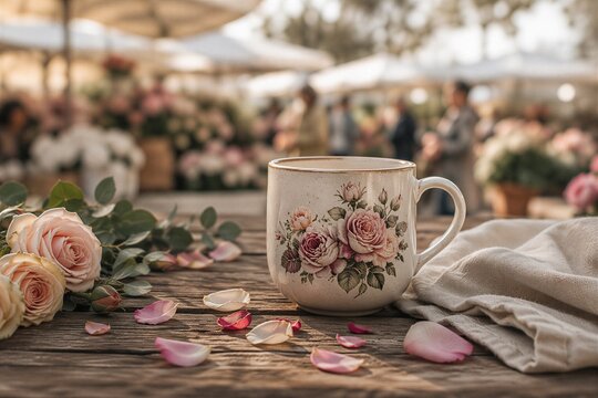 Vintage ceramic mug with pink rose design and fresh roses on a rustic wooden table with scattered petals at an outdoor flower market