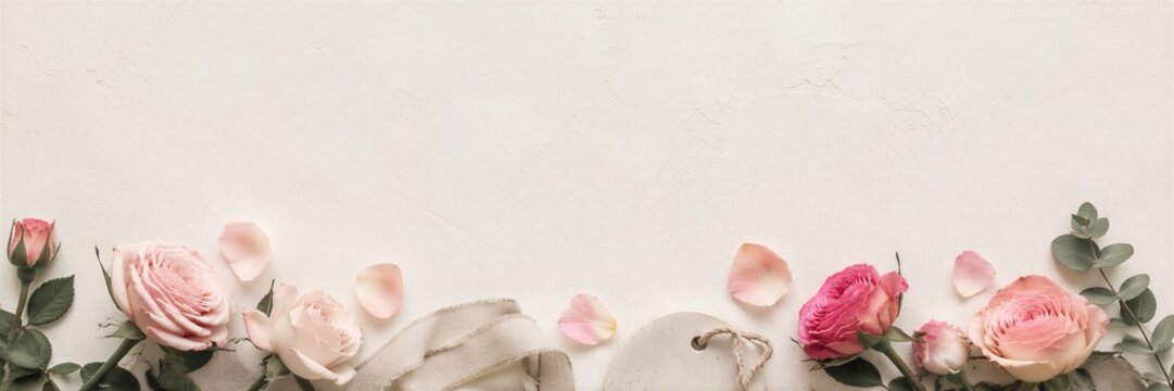 Pink roses, petals and ribbon arranged on white textured wall. Romantic floral banner for wedding invitation or rose festival greeting card design. banner format