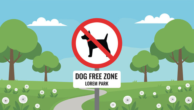No dogs allowed warning sign in a beautiful public park zone with green grass, dandelions and trees background.