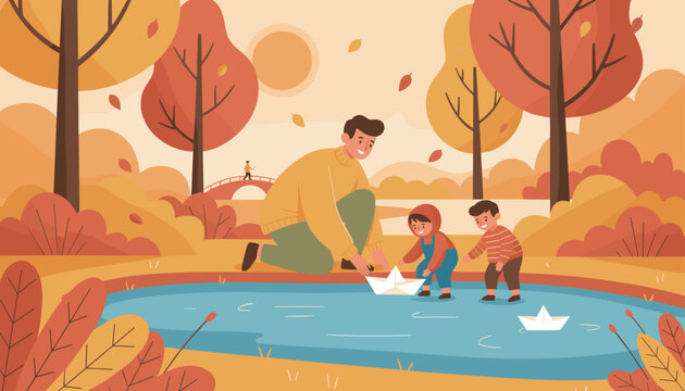 Happy father with his two young sons playing with white paper boats in a scenic autumn park pond during a beautiful sunset.