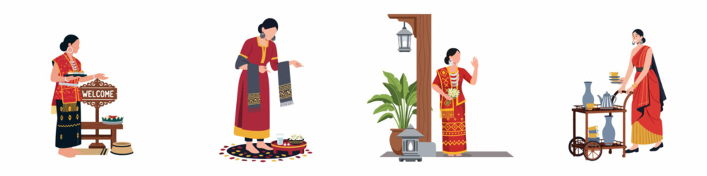 Set of Flat Vector Illustrations Featuring Assamese Women in Traditional Mekhela Sador Dress, Representing Indian Culture, Hospitality, and Rituals