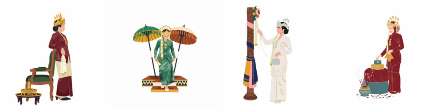 Flat Illustrations of Traditional Indonesian Wedding Ceremonies and Brides in Different Regional Attire