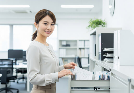 オフィスでキャビネットから書類を取り出し丁寧に確認する笑顔の女性