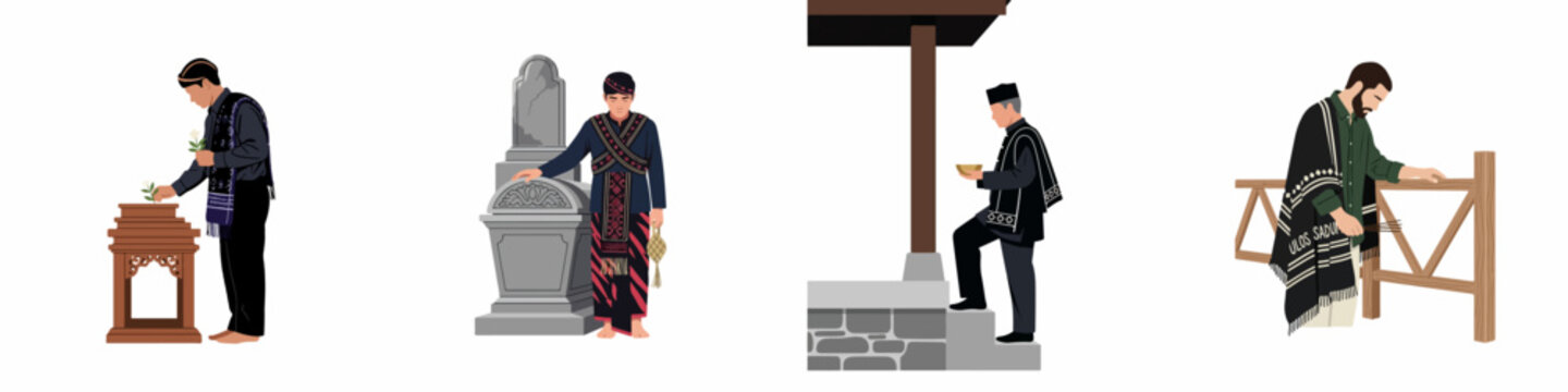 Collection of illustrations showing men in traditional Indonesian costumes performing various religious and cultural rituals, including mourning and offering ceremonies.