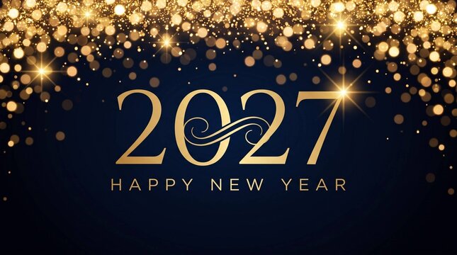 Happy New Year 2027 Gold Glitter Bokeh Text on Dark Navy Blue Background