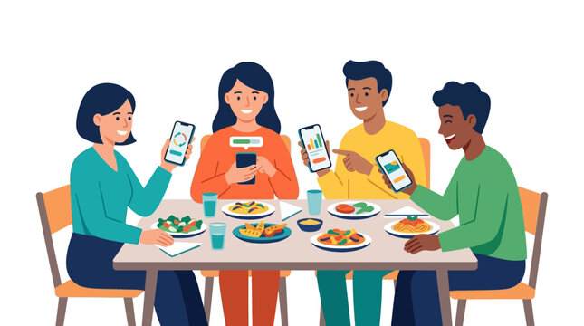 Diverse friends using mobile apps to split dinner bill at restaurant table flat vector illustration
