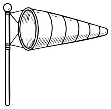 Black and white illustration of a windsock on a pole, indicating wind direction and speed