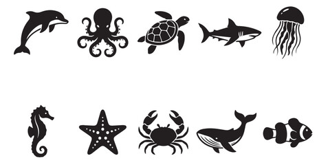 Fototapeta premium Black Sea Creatures Icon Set, Ocean Animals Illustration. A collection of black silhouette icons featuring various sea creatures on a white background.