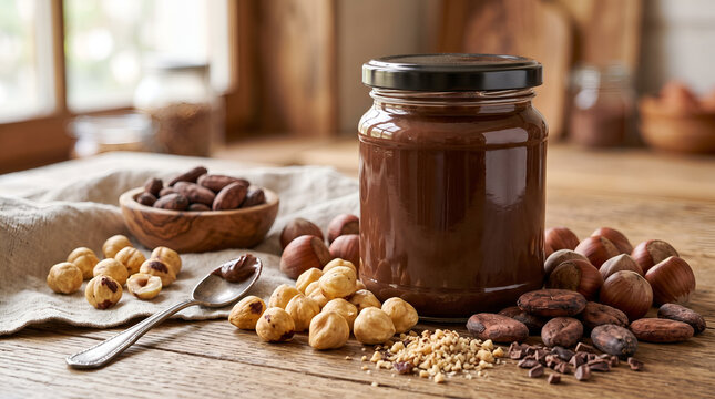 Glass jar of hazelnut chocolate spread on a rustic wooden table with raw nuts and cocoa beans