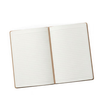 Open notebook with dotted pages on a wooden table