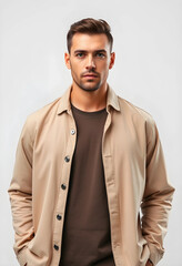 Obraz premium Serious young man wearing casual beige jacket and brown shirt