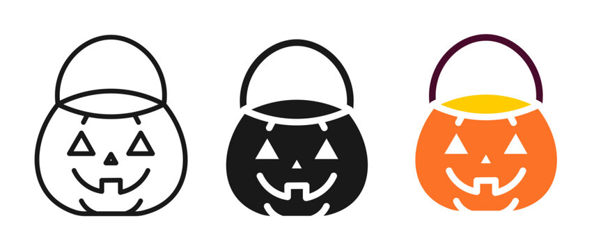 Halloween Pumpkin Candy Bucket Icon Set, Jack O Lantern Trick or Treat Bag, Outline, Glyph and Color Vector Illustration