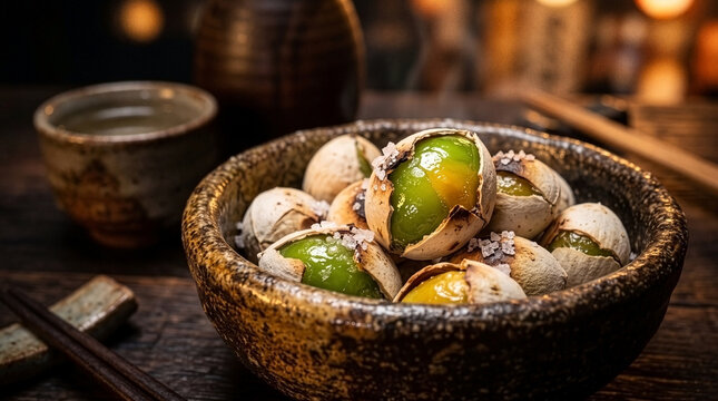 Cinematic Close-Up of Roasted Ginkgo Nuts with Coarse Sea Salt in Wabi-Sabi Ceramic Bowl, Cracked Shells Revealing Glossy Emerald Green