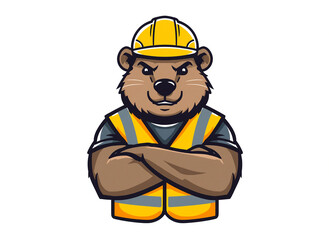 Fototapeta premium Construction Beaver Mascot Character Wearing Safety Helmet and Reflective Vest Vector Illustration