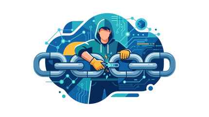 Fototapeta premium Professional developer in hoodie linking blockchain segments for cryptocurrency network security flat design vector illustration.