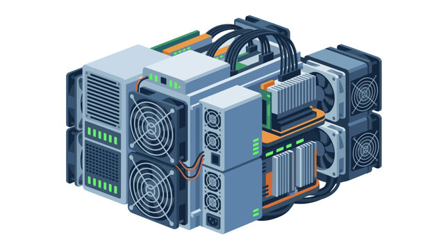 Professional crypto mining server farm hardware for digital currency processing flat design vector illustration