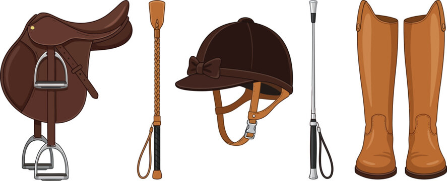 A brown leather horse saddle with riding helmet boots and whips for equestrian sports activities