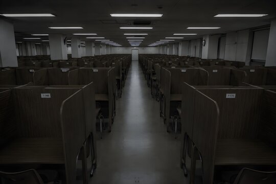 An eerie, empty study room with endless rows of wooden desks under dim fluorescent lights, creating a liminal space horror vibe.